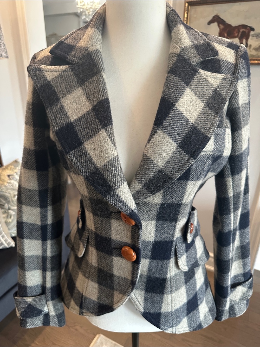 Smythe equestrian Cream and Navy Plaid Wool-Blend Blazer - Picture 4 of 13